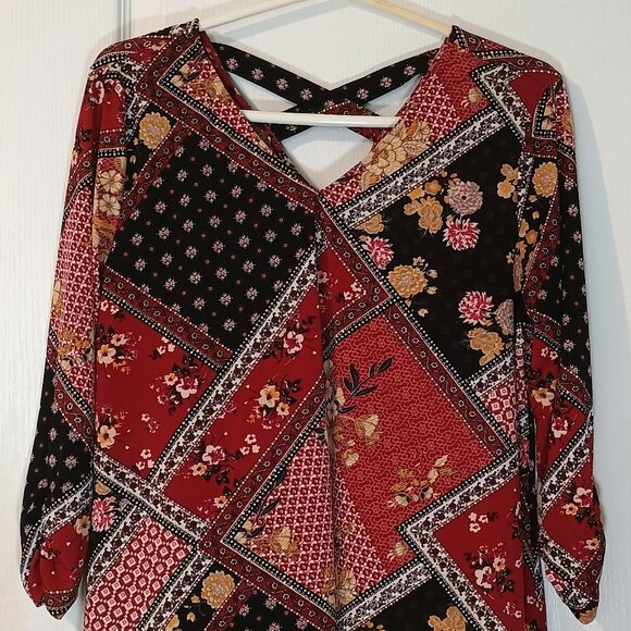 Westport Tops - Westport/Tunic Top/Womens L/Black Wine Yellow/Patchwork Boho